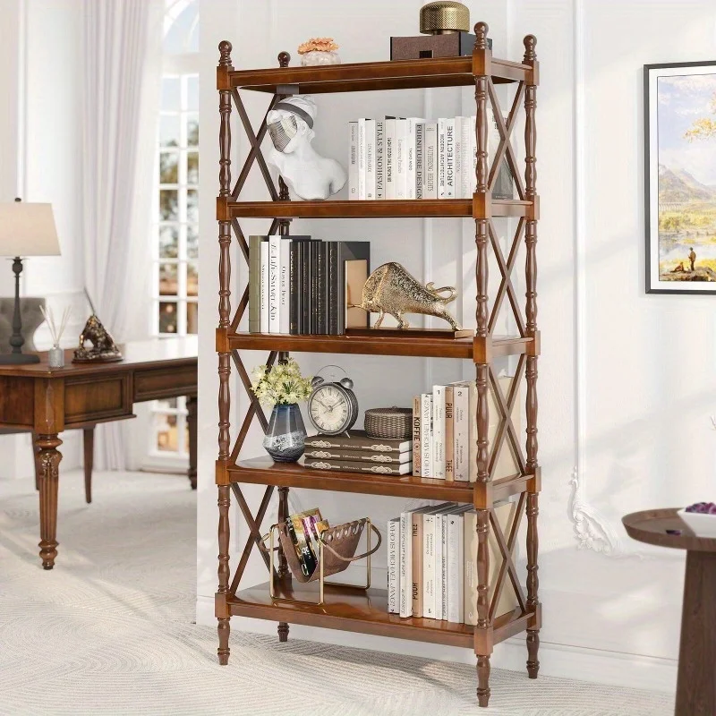 5-Shelf Solid Wood Bookcase Vintage Open Storage Rack Bookshelf For Living Room