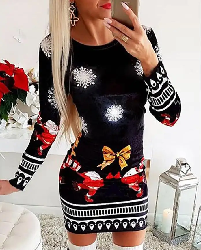 Women's Christmas Dress 2025 Autumn Winter Christmas Mixed Print Long Sleeved Mini Dress High Waisted Hip Hugging Short Skirt