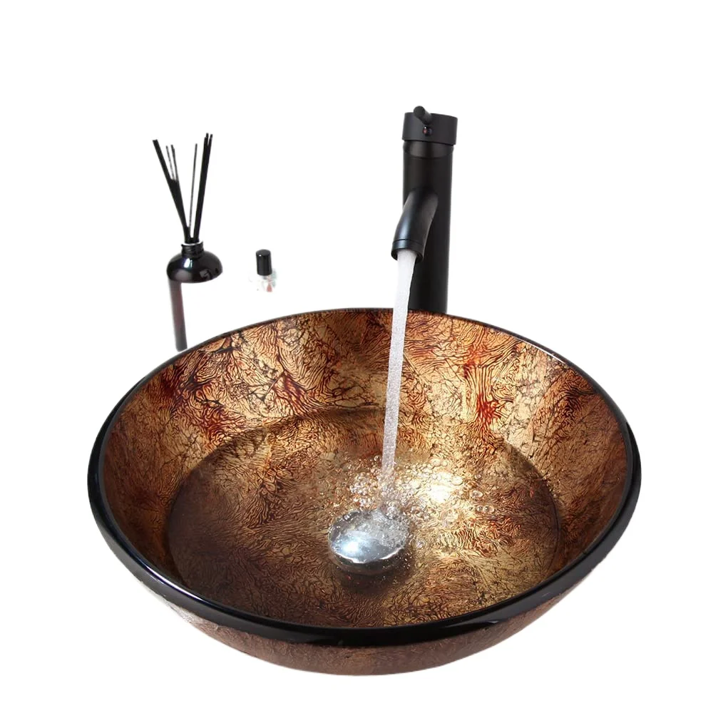 

Brown circular bathroom sink, modern tempered glass bathroom container sink above countertop