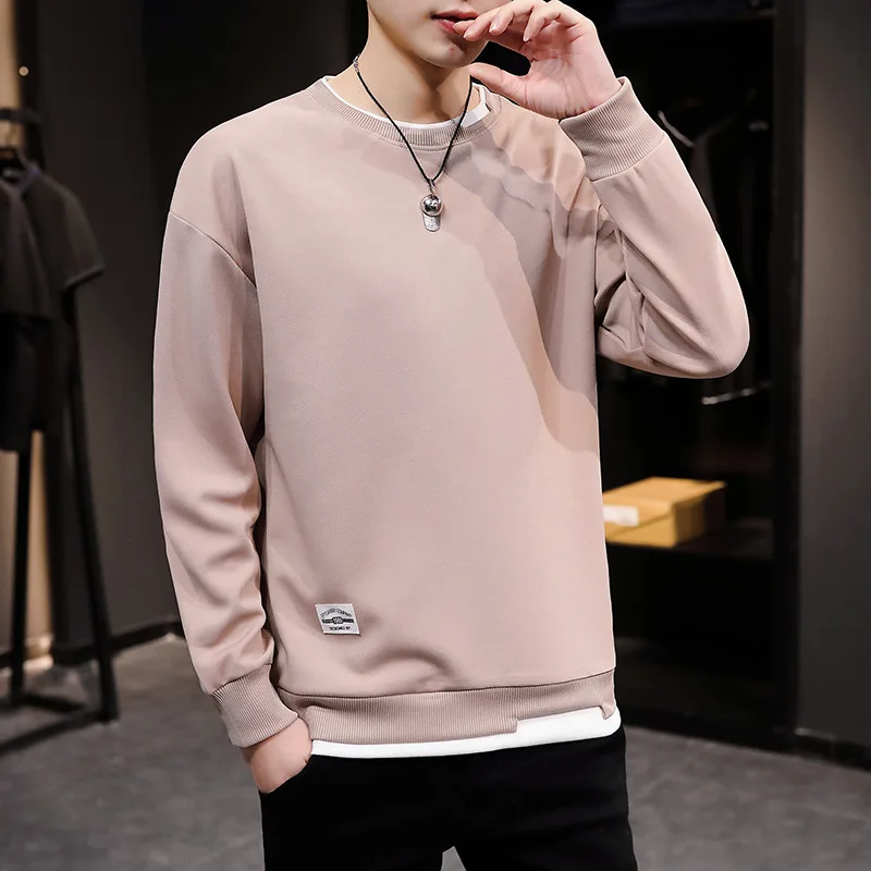 Spring Autumn Men Harajuku O Neck Hoodies Men Casual Solid Color Sweatshirt Fake Two Pullover Male Basis Streetwear Sweatshirt