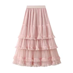 2025 Spring New French Tulle Skirt Women Summer Sweet Cake A-line Skirt Female Black Korean Fashion Long Tutu Skirt