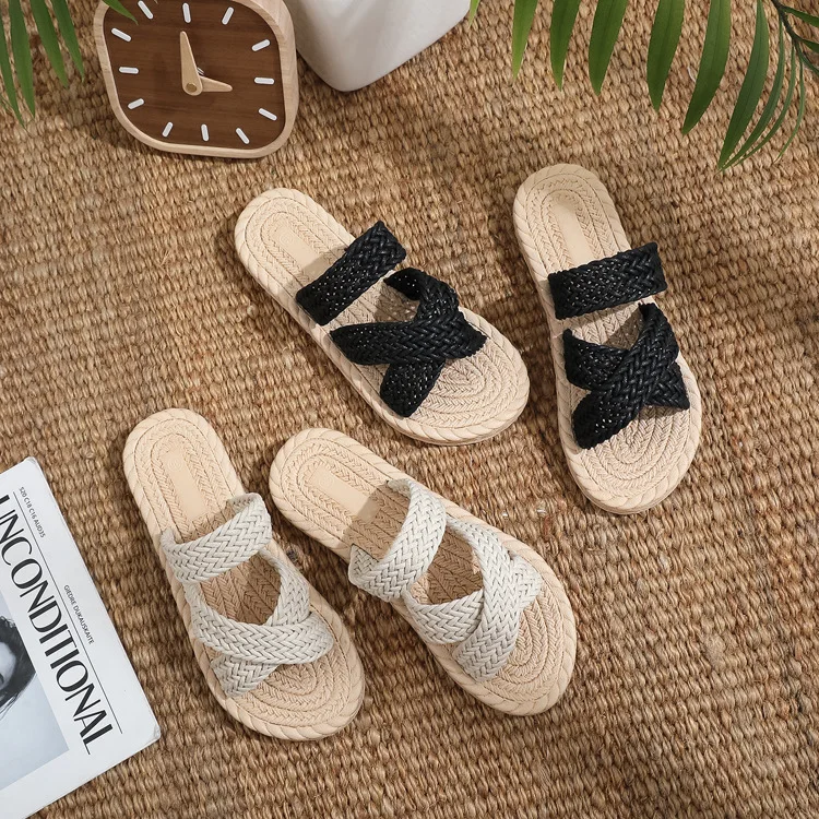 Sandalias de Paja Tejidas Estilo Boho para Mujer, Sandalias Planas con Tiras Cruzadas para Verano, Chanclas de Playa Antideslizantes, Calzado Informal de Lino Trenzado para Vacaciones al Aire Libre