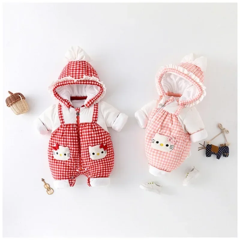 

Sanrios Anime Baby Winter Cotton Clothing Rompers Kawaii Hellokittys Children Thickened Hooded Jumpsuit Cute Girl Warm Bodysuit