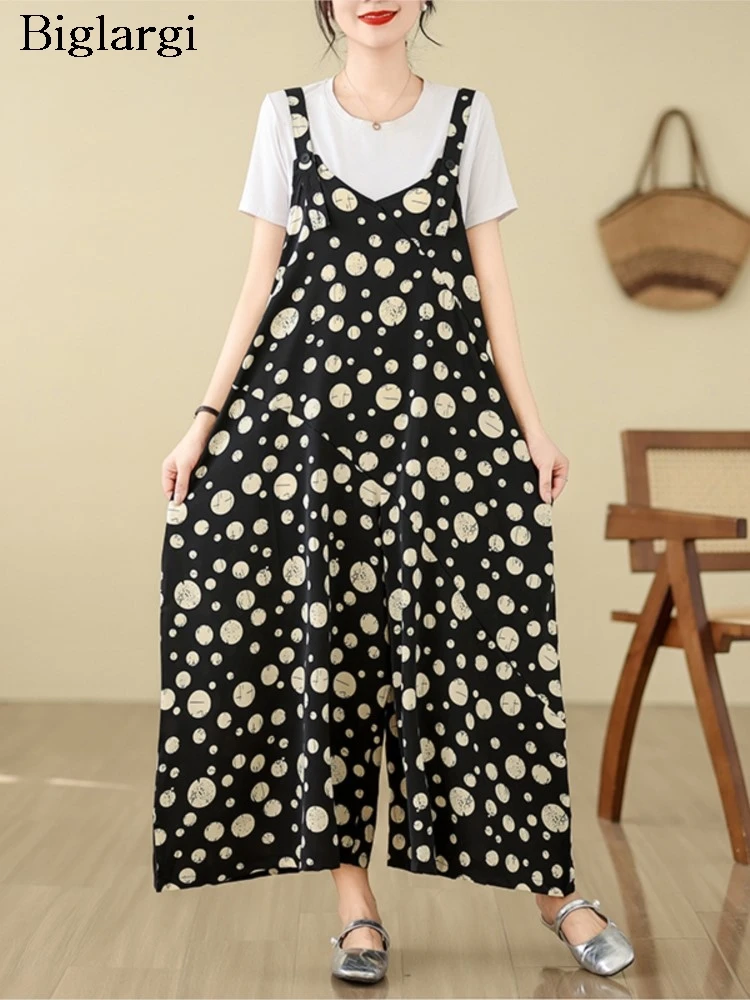 Oversized Polka Dot Print Summer Sleeveless Jumpsuit Women Wide Leg Loose Pleated Ladies Jumpsuits Casual Modis Woman Jumpsuits