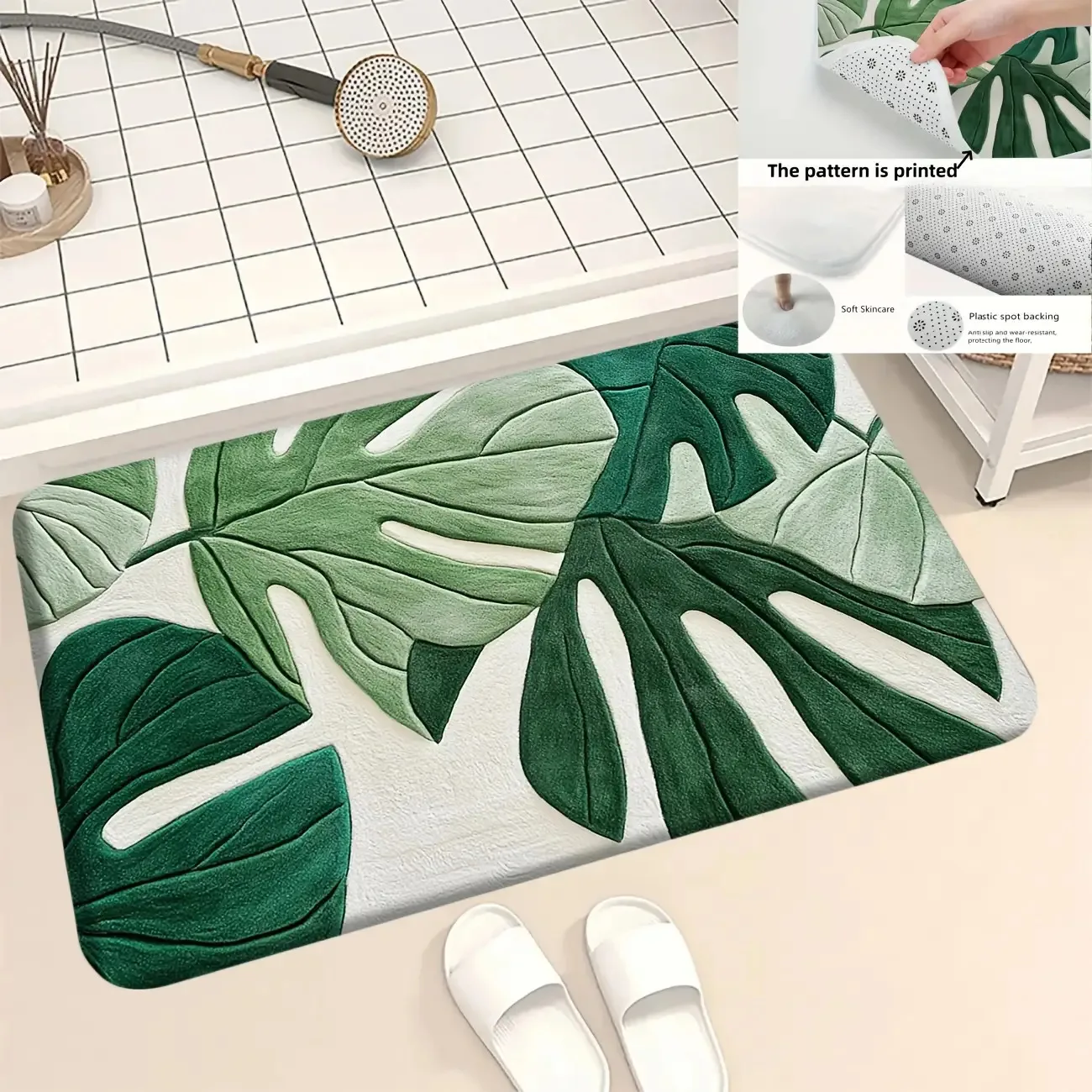 VIKAMA Monstera Badezimmer-Antirutsch-Teppich im nordischen Stil, für Wohnzimmer, Schlafzimmer, Heimdekoration, weich im Griff, maschinenwaschbar