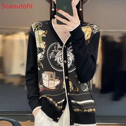 Spring and Summer Real Silk Wool Splicing Knitt Cardigan Women's Wide V-Neck Coat Top Fashion Jacket Satin Printed Thin Sweater