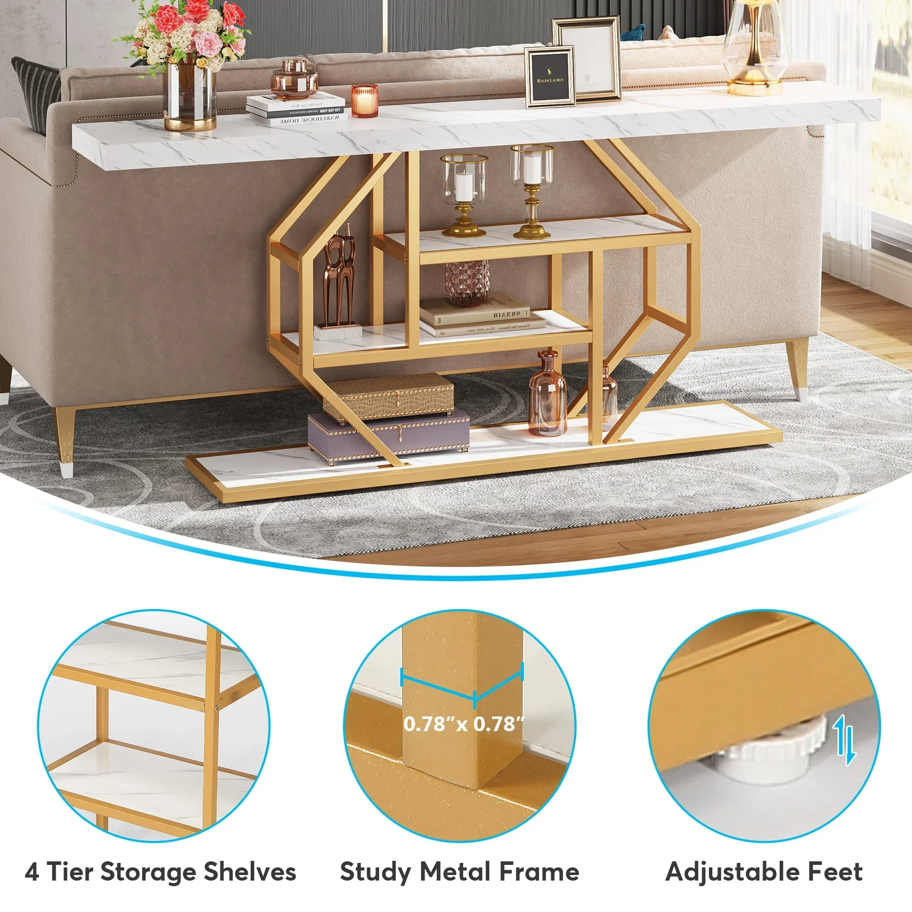 Tribesigns 70.9 inch Extra Long Console Table, Modern Gold Sofa Table Behind Couch with Storage, 4 Tier Entryway Accent Table