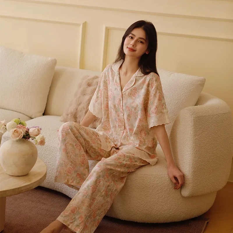 

Spring Cotton Double-layer Gauze Pajamas for Women Hibiscus Printing Lace Edge Short-sleeved Trousers Pajama Set Home Loungewear