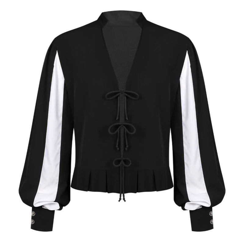 Renaissance Medieval Pirate Cropped Mens Shirt,Halloween Cosplay Party Gothic Noble Vampire Costume,Color Block Lace‑Up Shirts