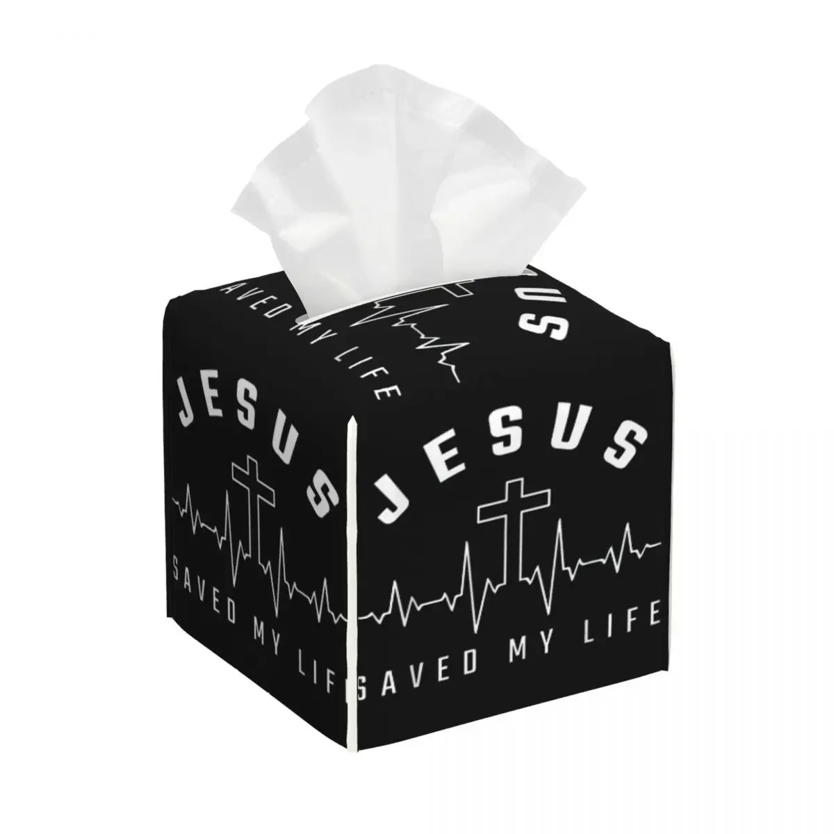 Custom Jesus Saved My Life Tissue Box Cover for Bathroom Christian Religious Faith PU Leather Square Facial Tissue Box Holder