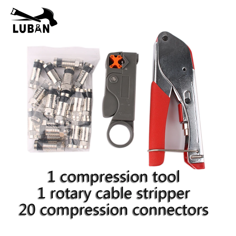 1 set Coaxial Cable Wire Stripper RG6/RG59 F Compression 20pcs Connector Tool Crimping Pliers Wire Stripping Pliers Kit