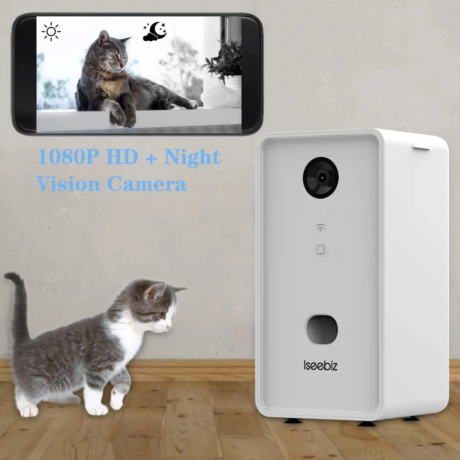 Iseebiz Smart Pet Camera Treat Dispenser 1080P HD WiFi Pet Camera With Night Vision For Pet Viewing Two Way Audio Communication