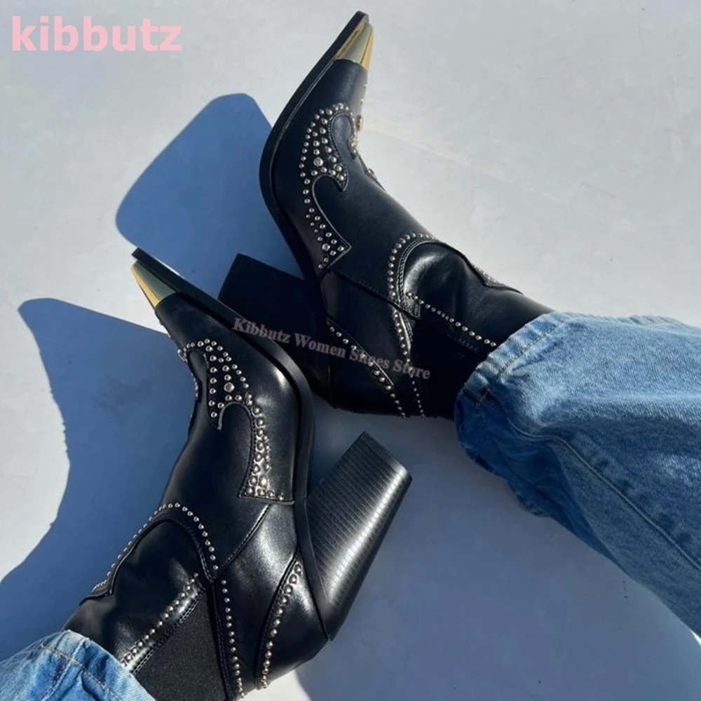 Rivet Cowboy Ankle Boots Genuine Leather Mixed Color Slip-On Pointed Metal Toe Square Heel Fashion Elegant Luxury Sexy Shoes New
