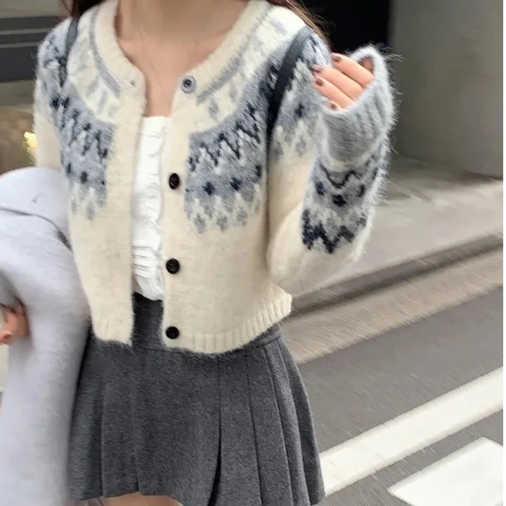 

Women's Loose ort Sweater Jaet Autumn Winter New Sle Vintage Fair Isle Pattern Lazy Casual Top Open Cardigan Sle