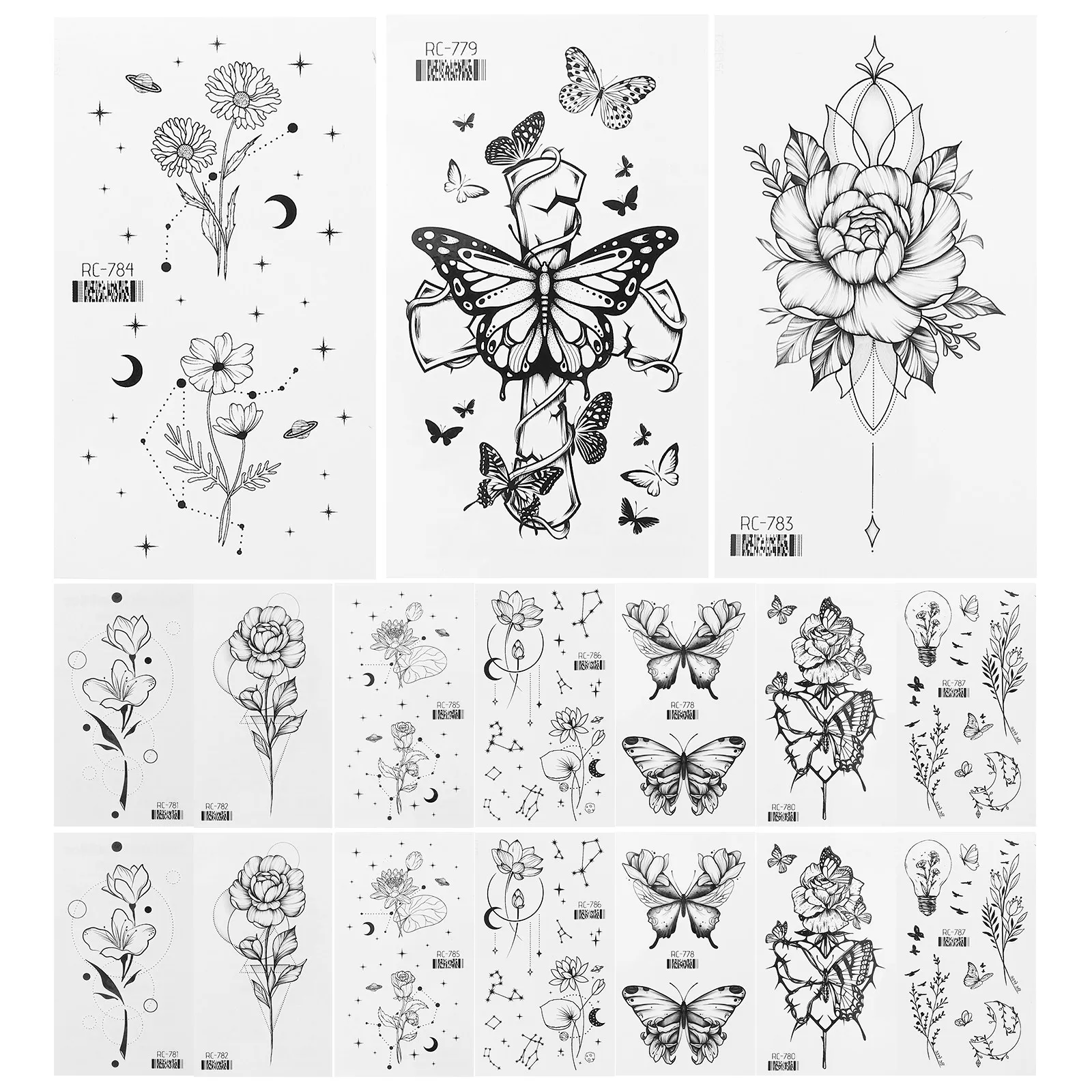 

20 Pcs Temporary Tattoos Women Small Glitter Kit Transfer Stickers Vintage Black White Tattoo Decals Safe Skin Halloween