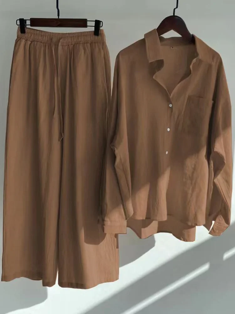 Two Piece Set Women Autumn Home Suit 2024 Cotton Linen Shorts Sets Female Vintage Boho Shirt High Waist Loose Shorts Mujer Sets