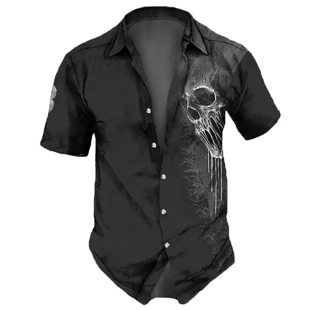 2023 Skull Men\'s Shirts Lapel Streetwear Vintage Shirt For Men Street Hip Hop Short Sleeve Top Party Summer Men Hawaiian Shirts