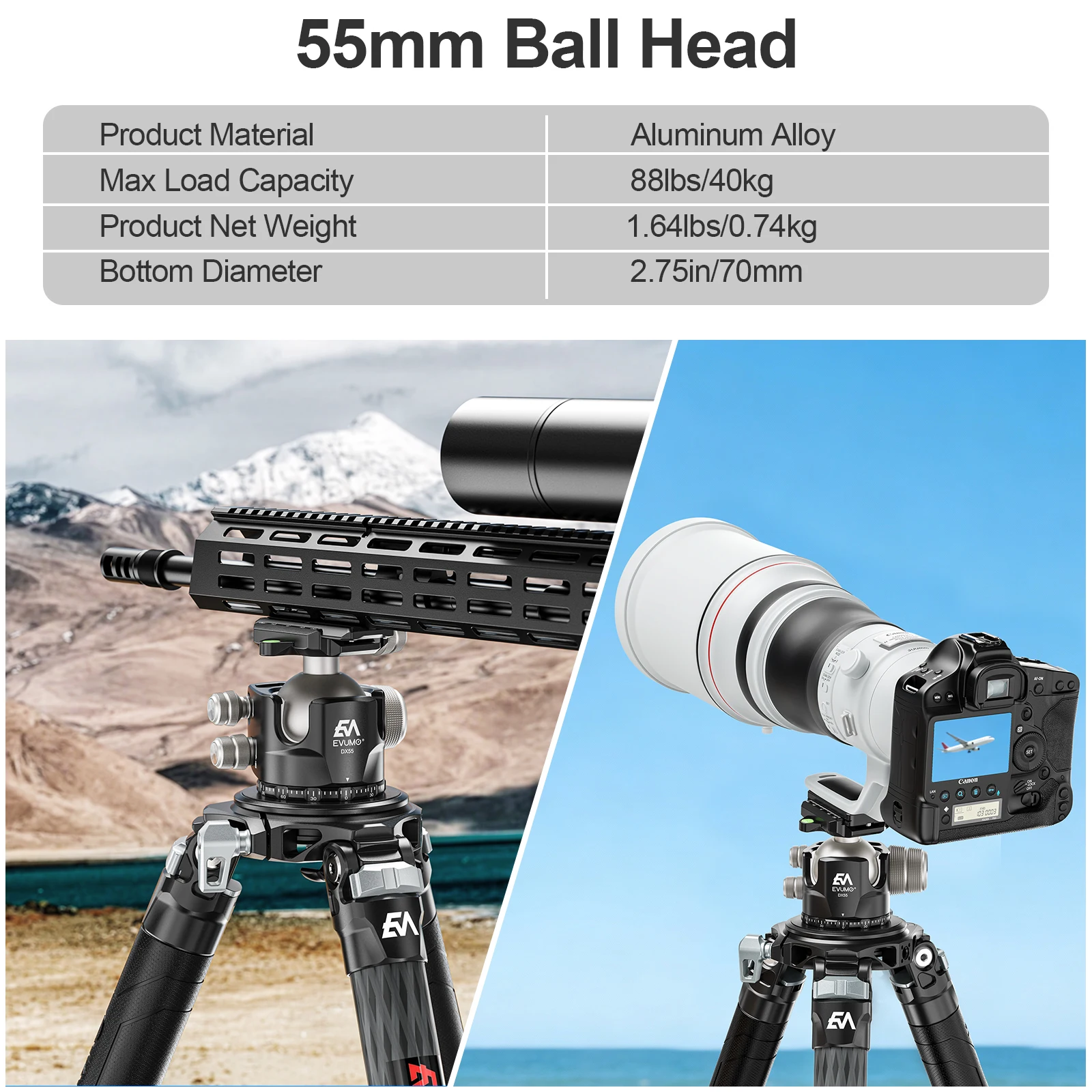EVUMO DX55 Professional 55mm Big Ball Head Low Profile Panoramic Video Ballhead with Picatinny Clamp Arca Swiss Plate Load 40kg