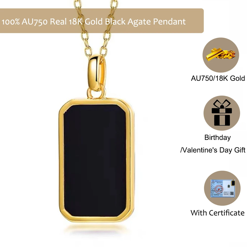 Authentic AU750 Real 18K Gold Black Agate Rectangle Pendant For Woman Yellow Gold Gift Stylish Present Fine Jewelry