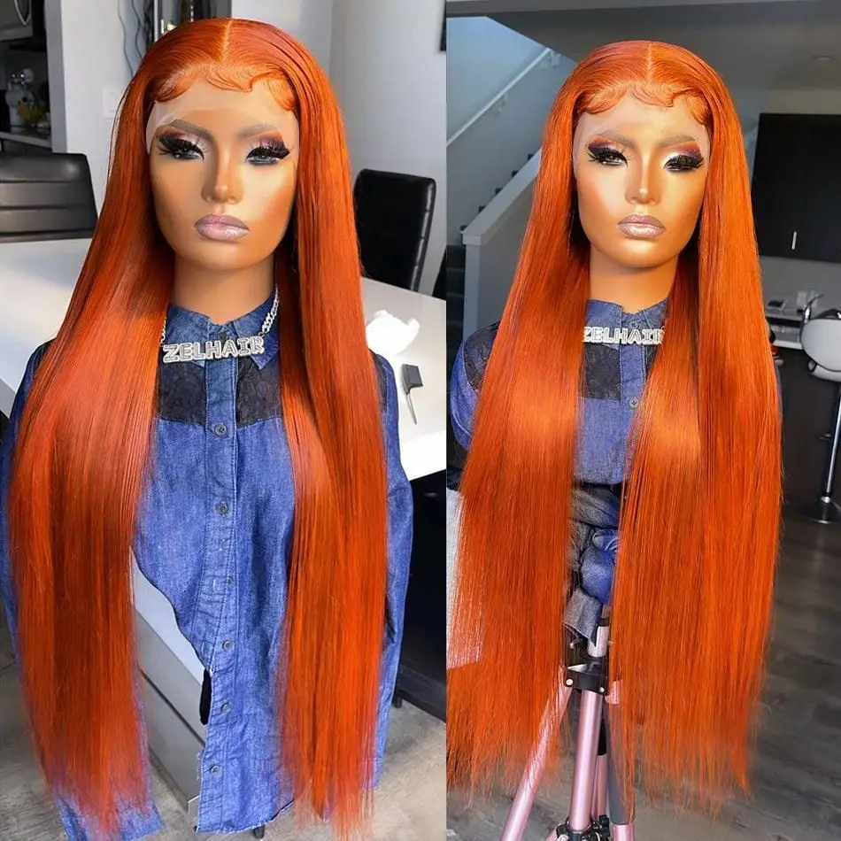 Ginger Lace Frontal Wig pre plucked Brazilian Human Hair Silk Straight Full Lace Wig For Black Women 180 200 Density 13x4 HD