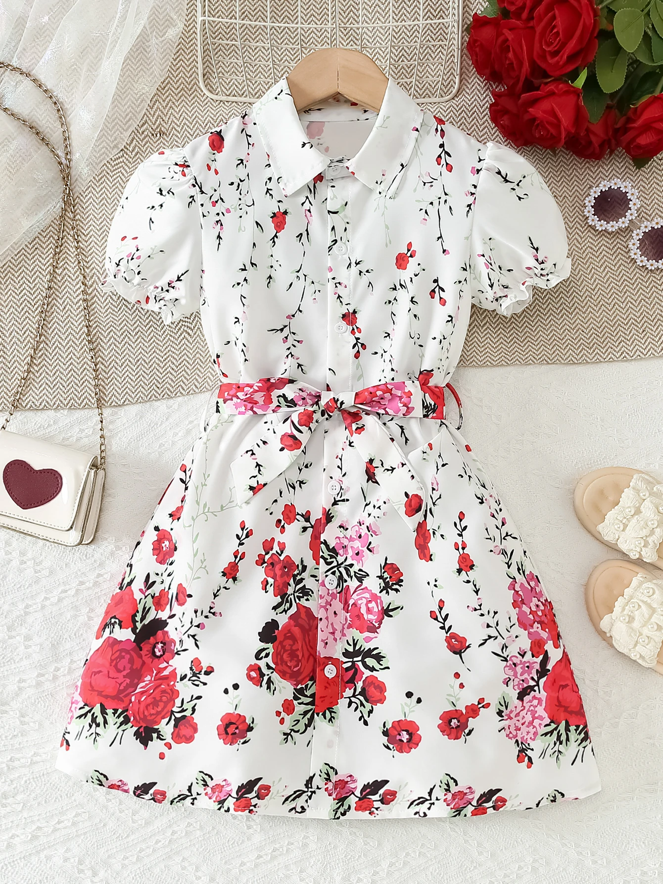 

Girls Summer Thin Printed Shirt Collar Dress with Belt