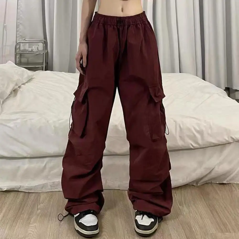 Women Cargo Pants Elastic Waist Mid-rise Quick-Drying Long Pants Solid Color Wide Leg Multi Pockets Sports Trousers 와이드 팬츠