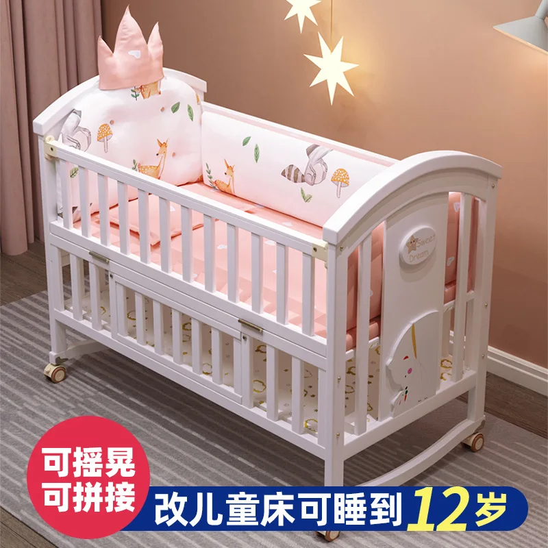 Crib Solid wood European white movable baby newborn cradle children splicing bed
