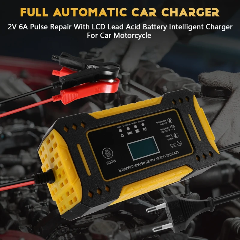 Car Battery Charger 12V 6A Pulse Repair Fast Power Charging Wet Dry Lead Digital LCD Display Car Accesorries EU Plug