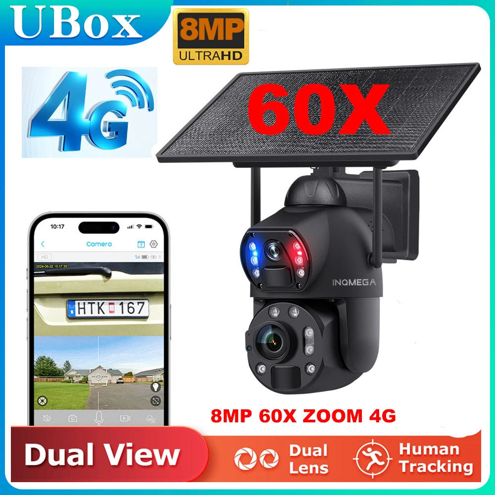

INQMEGA 4K 8MP 60X Оптический зум 4G WIFI Солнечная камера Двойной объектив Двойной экран Обнаружение человека Автоматическое отслеживание Открытый WIFI CCTV