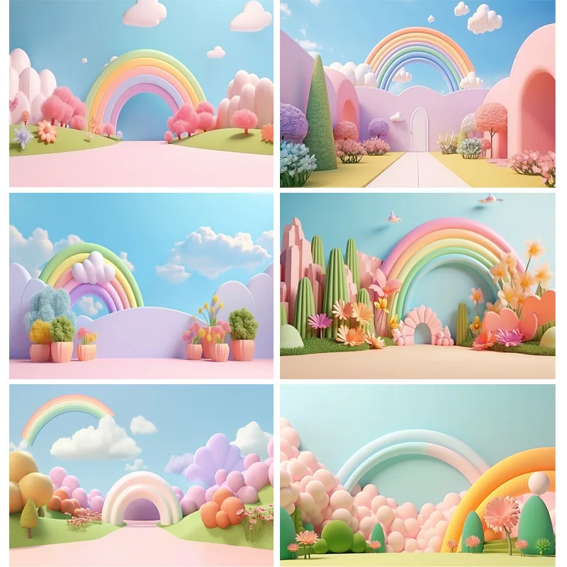 

Castle Fairy Tale Candy Rainbow Balloons Arch Photography Backdrops Props Newborn Birthday Party Decoration Background A-06