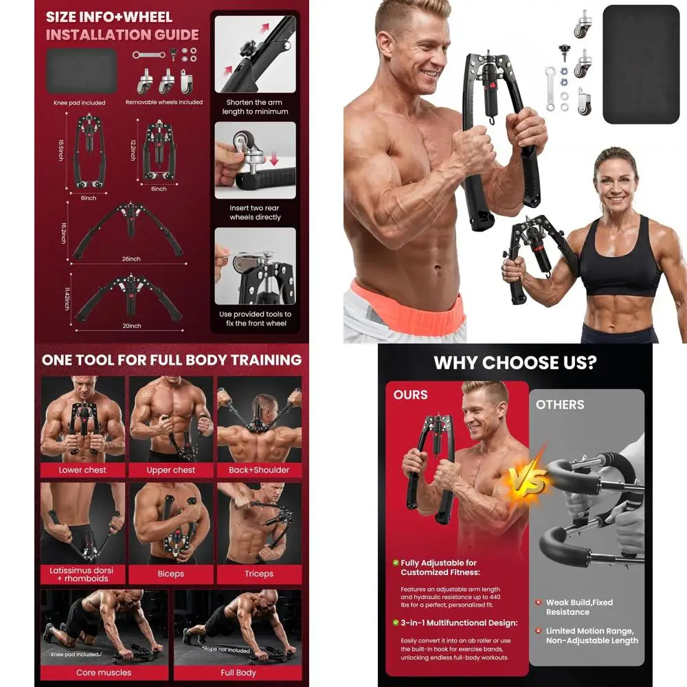 Máquina de Ejercicios Hidráulica Ajustable: Press de Pecho de 22-440 Libras, Rodillo Abdominal, Equipo de Fuerza para Gimnasio en Casa