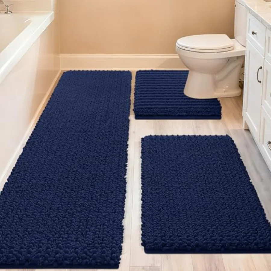 

Upgrade Extra Large Navy Blue Bathroom Rug Set 3 Pieces Ultra Soft Thick Absorbent Bath Mats Non Slip Chenille Toilet Mat for B