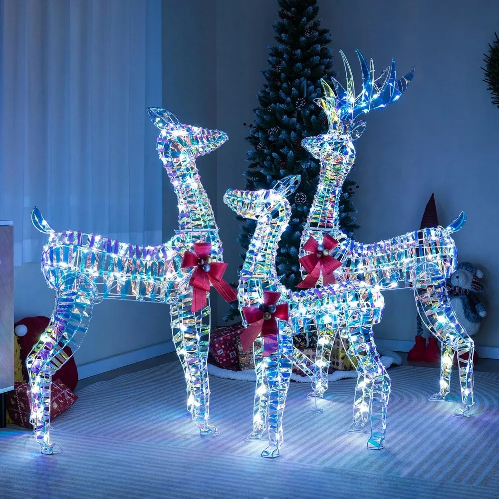 3-Piece Christmas Lighted Iridescent Reindeer Family Set, Xmas Pre-Lit Deer with 230 LED Lights, Ground Stakes