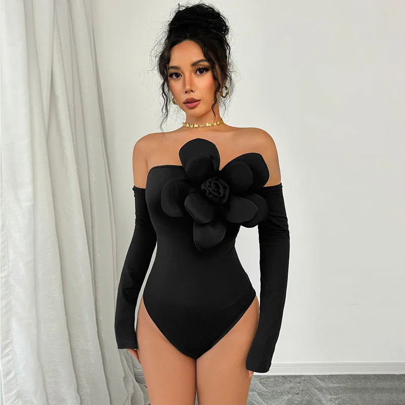 

2025 New Party Sexy Style Three-dimensional Flower Decoration Slim Off Shoulder Solid Color Jumpsuit