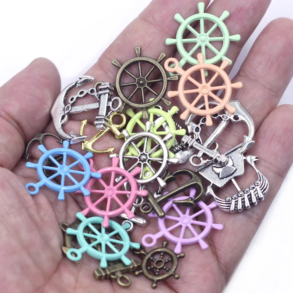 100PCS Mixed Ship Theme Charm Pendants Anchor Rudder 10-40mm Handicrafts Accessories Gift Decoration Material Package Wholesale