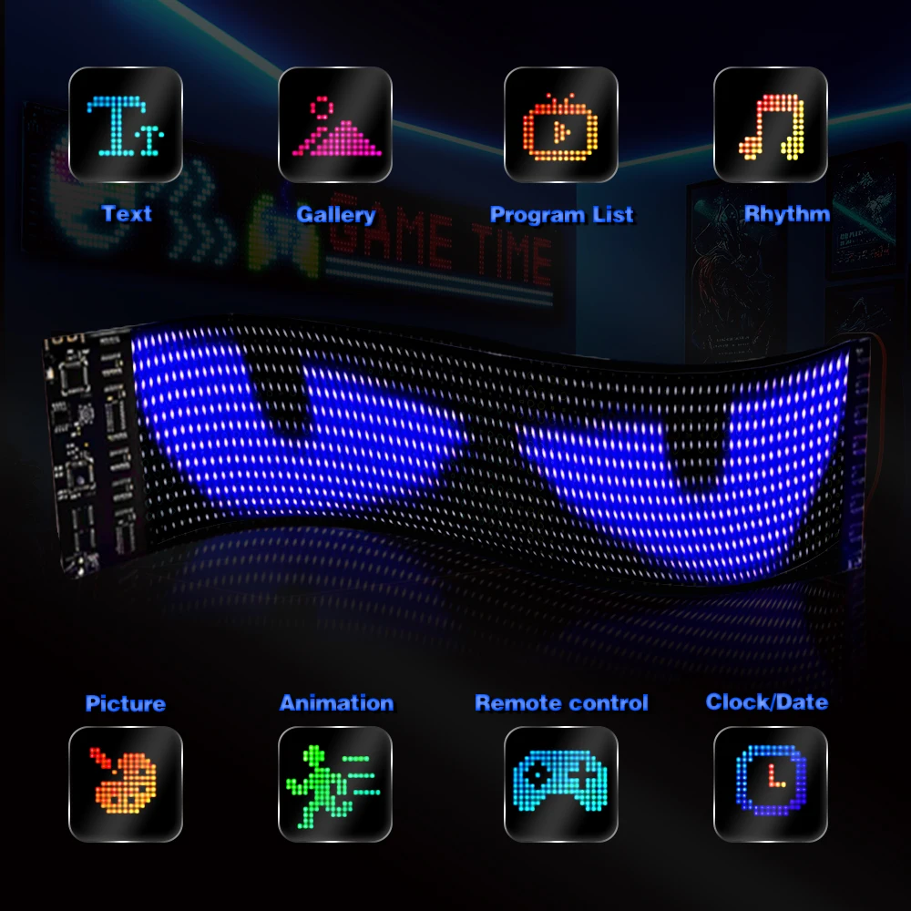 LED مصفوفة بكسل لوحة APP AI وظيفة الصوت مرنة عنونة RGB نمط الكتابة على الجدران التمرير النص الرسوم المتحركة عرض السيارة