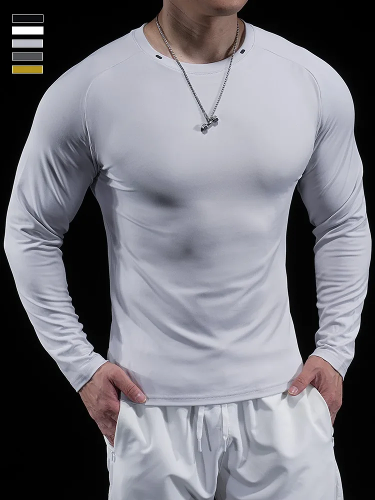 

Urban Outdoor Men Crew Neck Gym Wear Long Sleeve Elastic Tights Running Training Sports Bottom Shirt Breathable Solid Color Top
