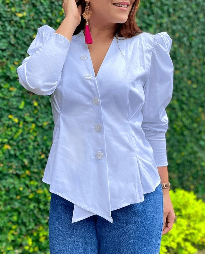 Women's Temperament T-Shirt 2025 Spring Summer Latest V-Neck Front Button Long Sleeve Gigot Sleeve Blouse Elegant Versatile Top
