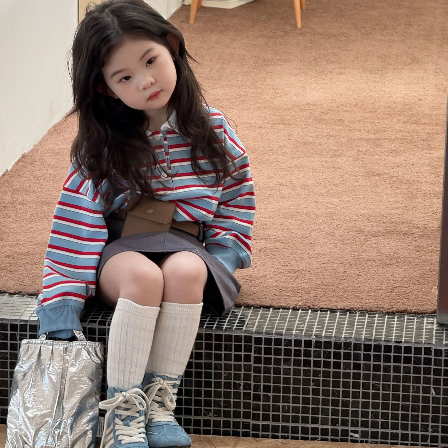 Girls Suit 2026 Autumn New Children's Clothing Korean Style Girl Baby Print Stripe Retro Stripe Hoodie Bag Hip Skirt Two Sets