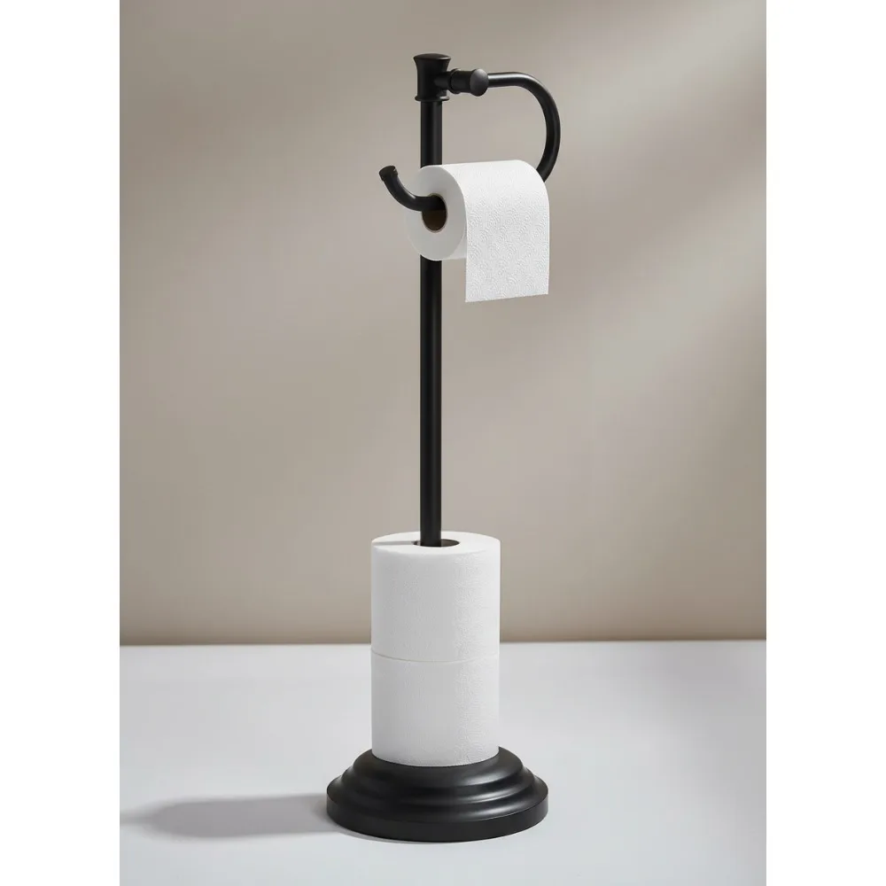 

Free Standing Toilet Paper Holder with Storage & Towel Bar - Matte Black Stainless Steel Bathroom Organizer