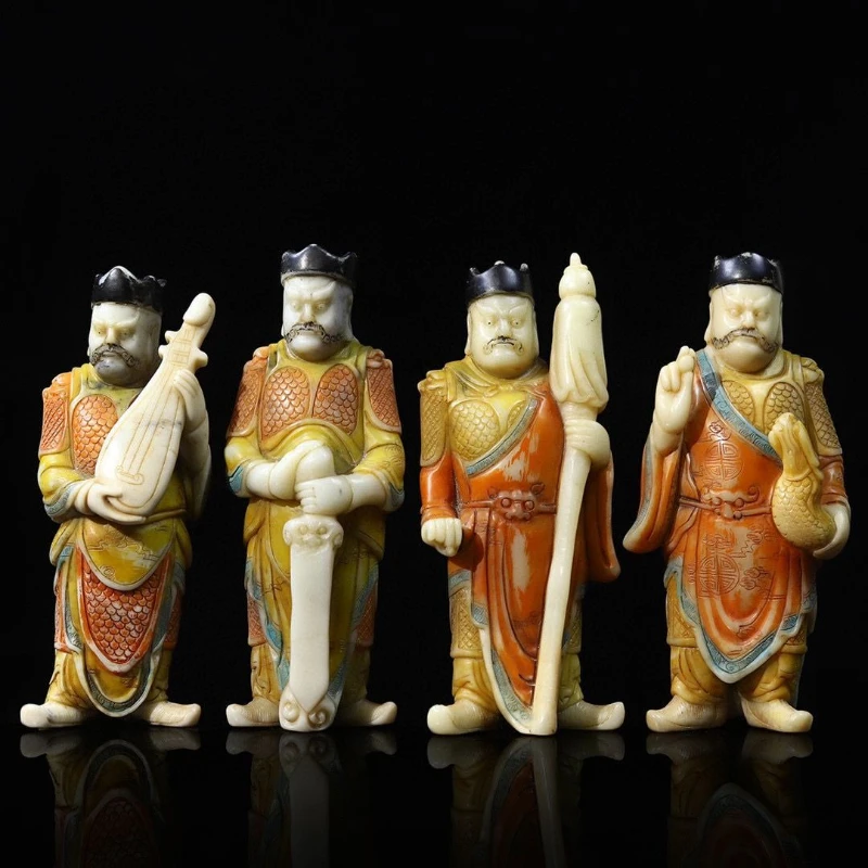 A set of white hibiscus stone hand-carved and painted four heavenly kings ornaments