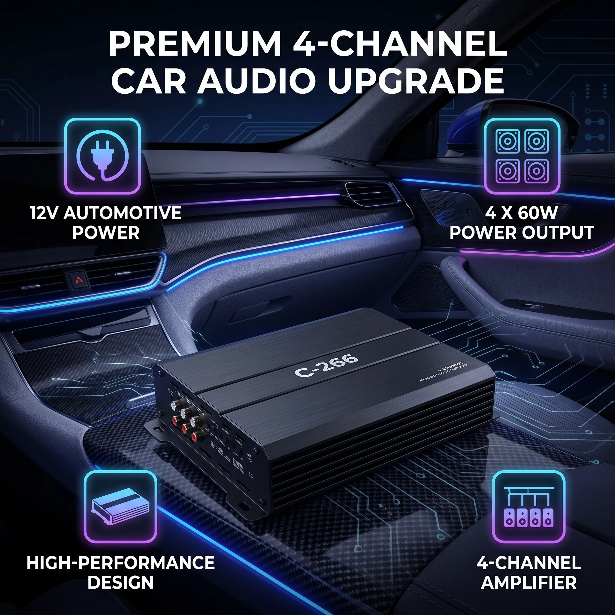 Car Power Amplifier 12V 4 Channel High Power Aluminum Alloy Car Audio Amplifier Car Audio Amplifier High-Power Power Amplifier