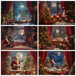 Christmas Eve Santa Claus Backdrops Winter Moon Night Window Curtains Colorful Lights Christmas Tree Photography Background