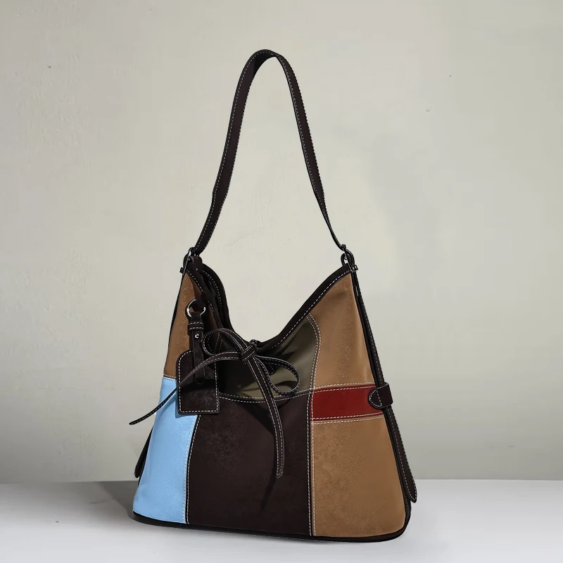 

Classic Faux Suede Bucket Bags For Women Luxury Designer Handbag And Purse 2025 New In Splicing Color Blocking Underarm Shoulder