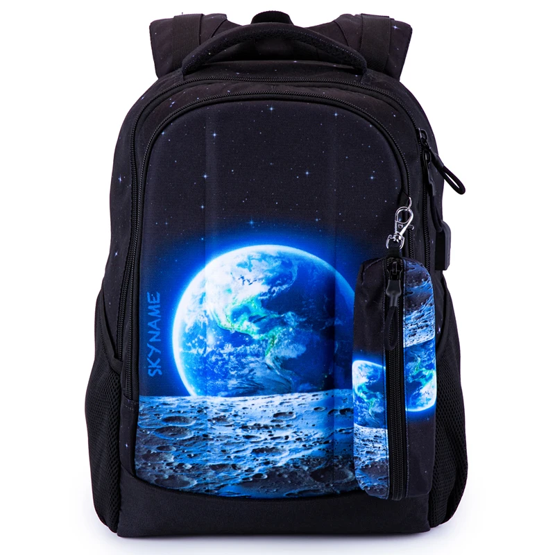 Quality Children Orthopedic School Bag for Teen Boys USB Charging School Backpacks Students Multifunctional black Packbag