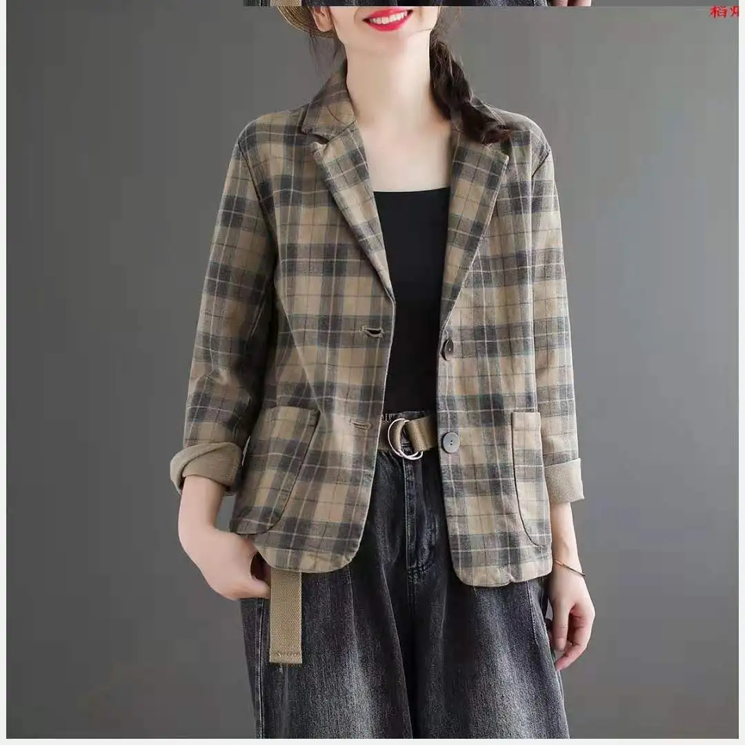 

Vintage Single Breasted Office Ladies Plaid Blazer Long Loose Jacket Cotton Linen Suit Coat Jacket Women Blazers Female