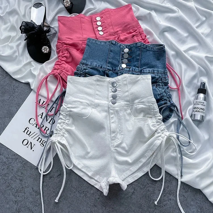 

Белые джинсовые шорты с высокой талией для женщин, летние, новые, больших размеров, утягивающие, А-силуэт, с завязками, шорты-стринги, хит продаж
