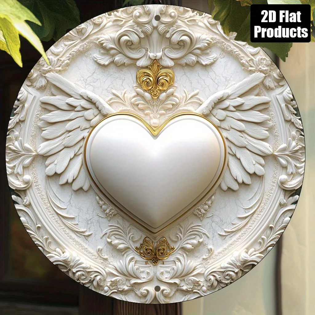 Retro 8x8 Inch 2D Wall Art, Gold Wings Heart Shape Sign, HD Custom Home Office Living Room Decor