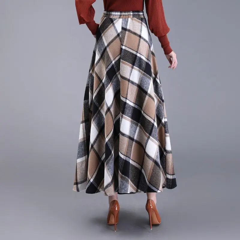 Winter Wool Plaid A-line Maxi Long Skirt  Warm Thick Big Swing Skater Ankle Long Skirts