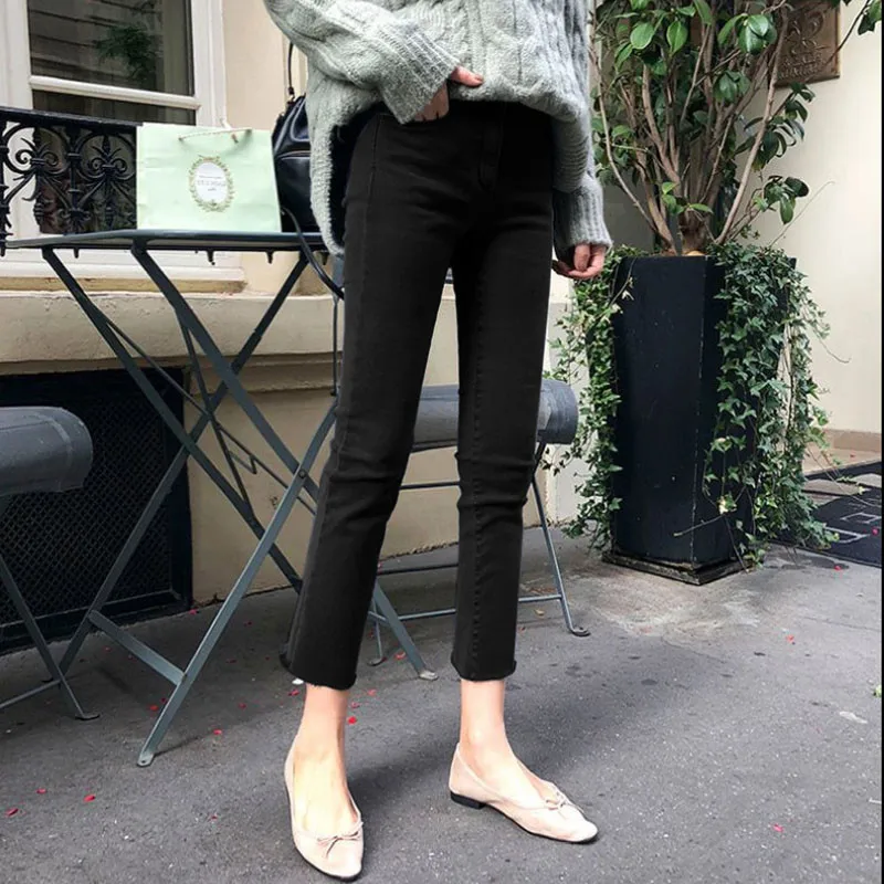Spring Fashion High Waist Straight Leg Denim Jeans Women's Small Size Student Eighteen Elastic Slim Fit Nine Point Pants